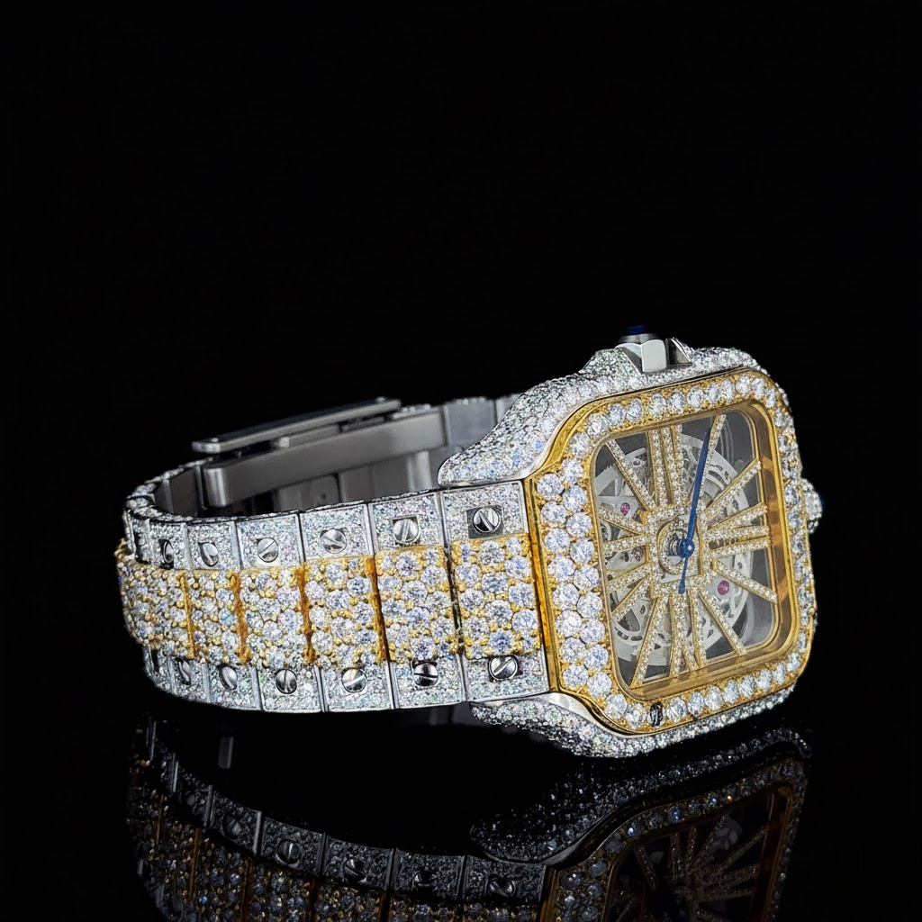 Stainless Steel Iced Out Moissanite Diamond Cartier Watch