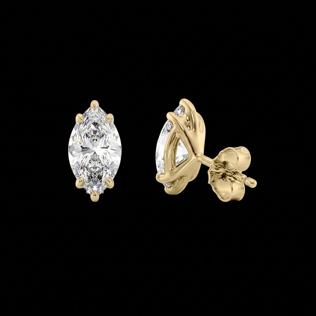 Marquise Cut Solitaire Stud Earring Gold Tone Diamond Look Elegant Shine