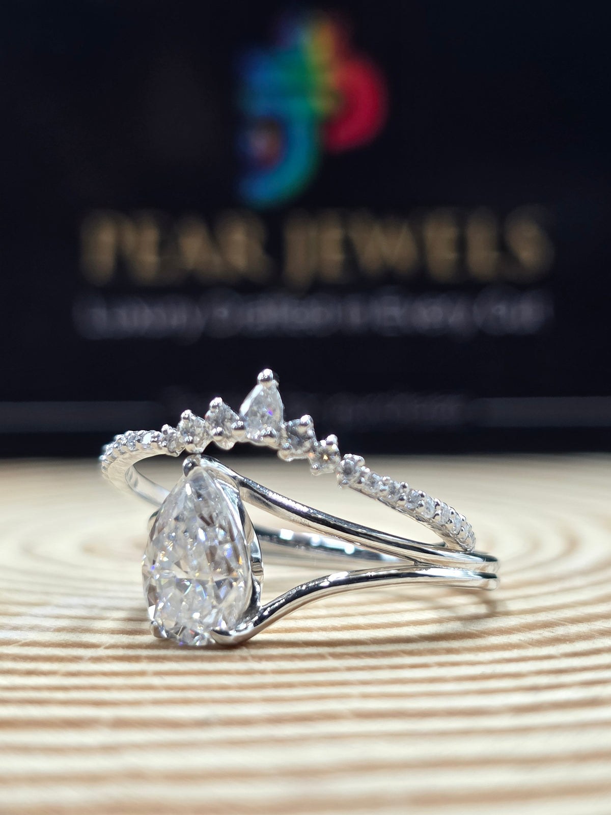 Elegant Pear Moissanite Engagement Ring V Shape Crown Band Stackable Bridal Set