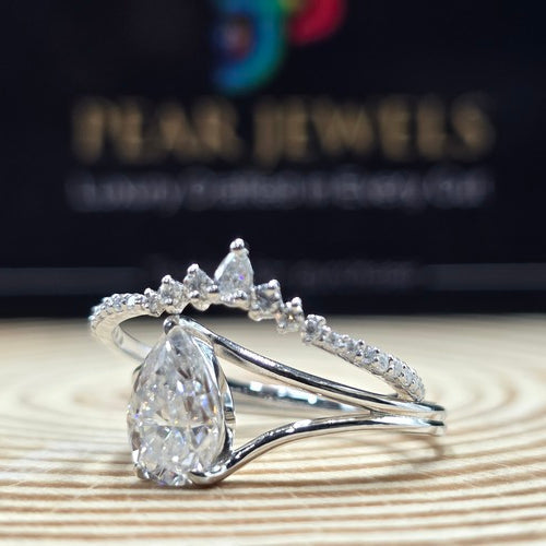 Elegant Pear Moissanite Engagement Ring V Shape Crown Band Stackable Bridal Set