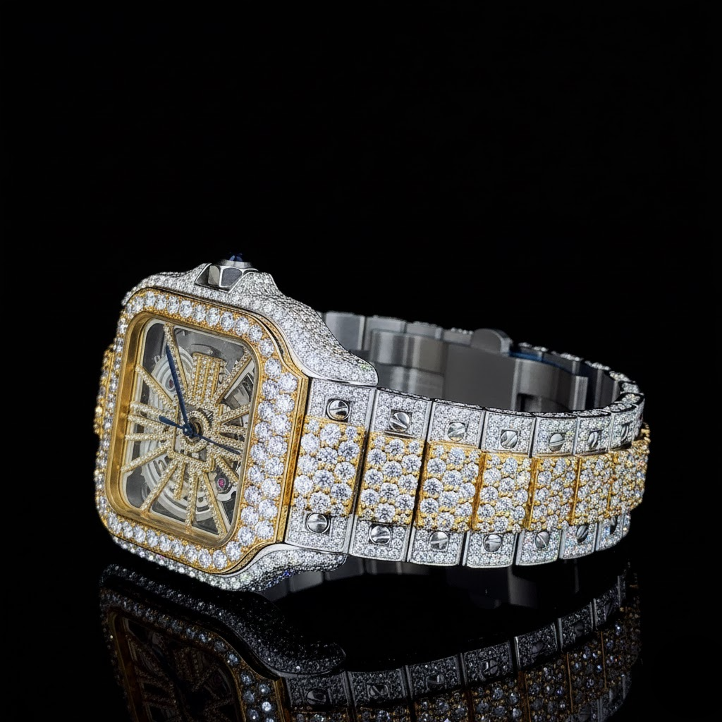 Stainless Steel Iced Out Moissanite Diamond Cartier Watch