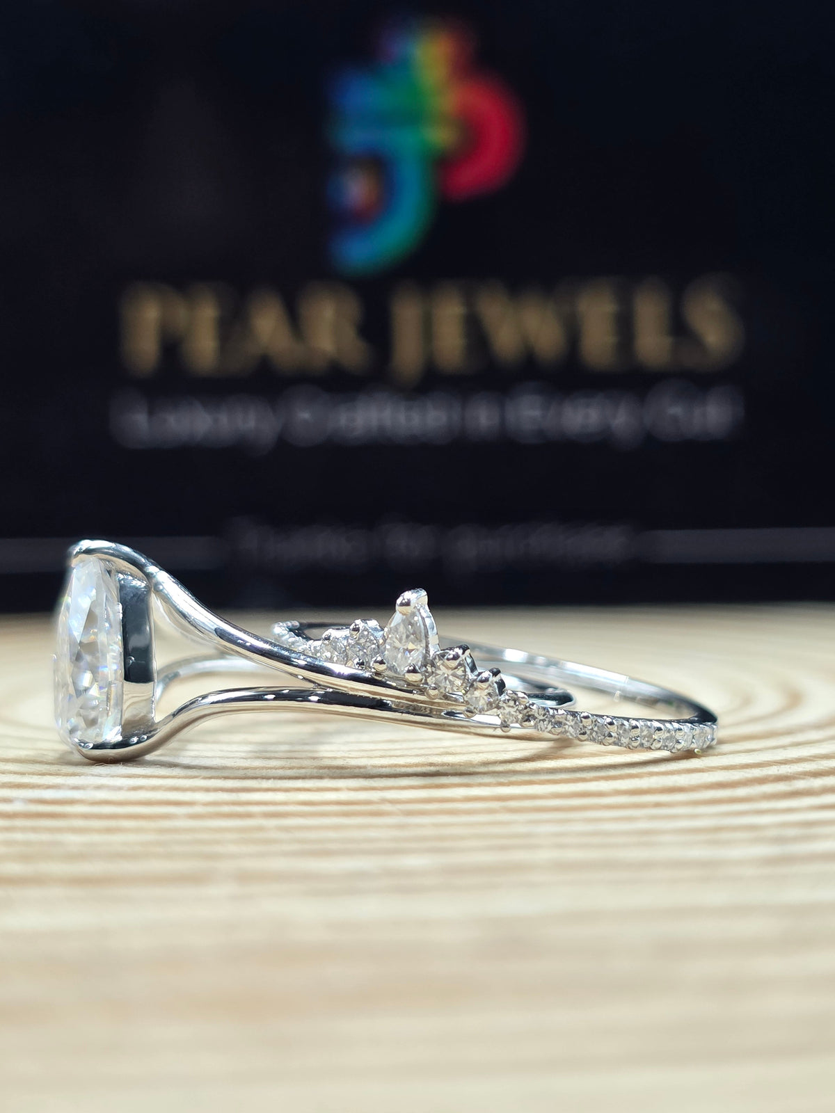 Elegant Pear Moissanite Engagement Ring V Shape Crown Band Stackable Bridal Set