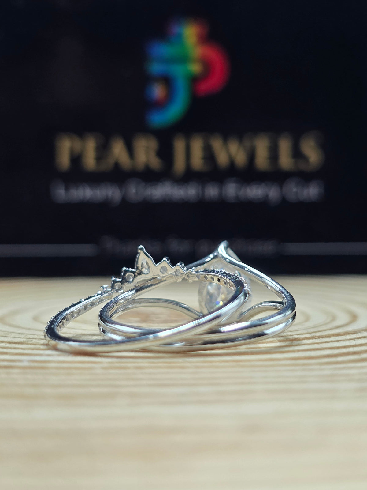 Elegant Pear Moissanite Engagement Ring V Shape Crown Band Stackable Bridal Set