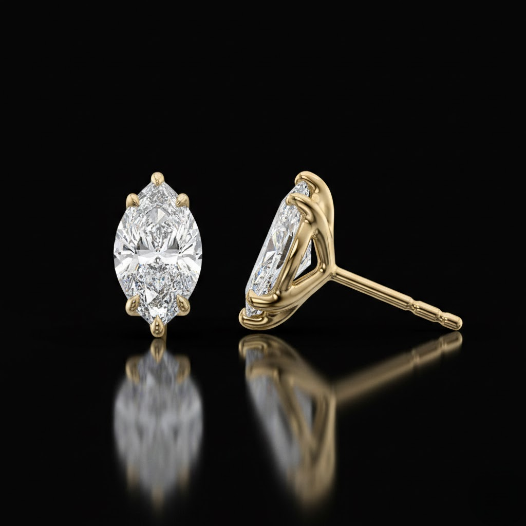 Marquise Cut Solitaire Stud Earring Gold Tone Diamond Look Elegant Shine