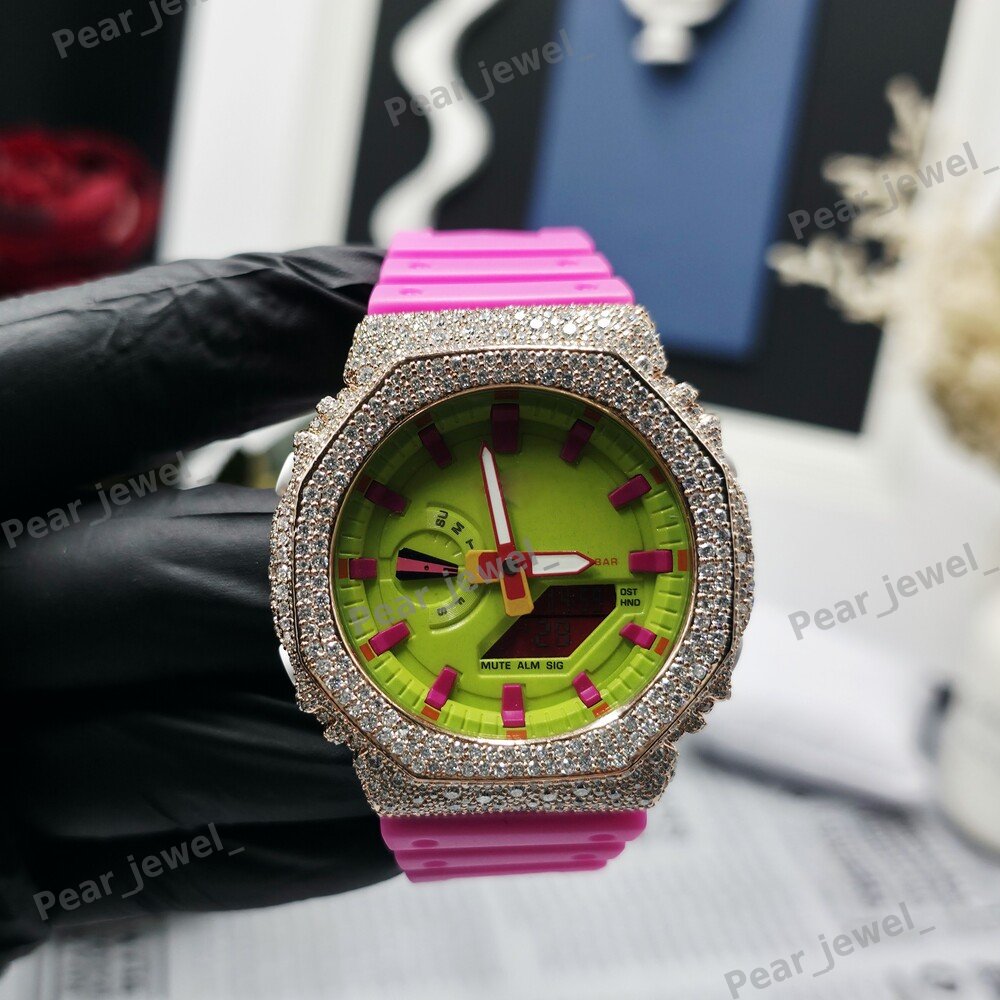 Round Cut VVS Moissanite Pink Rubber Band Unisex Wear Bust Down Watch