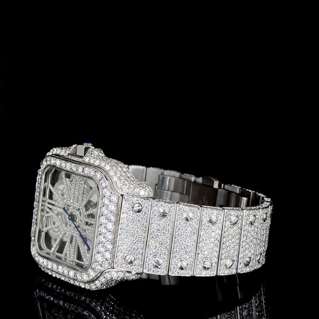 Iced Out Cartier Stainless Steel VVS Moissanite Diamond Watch