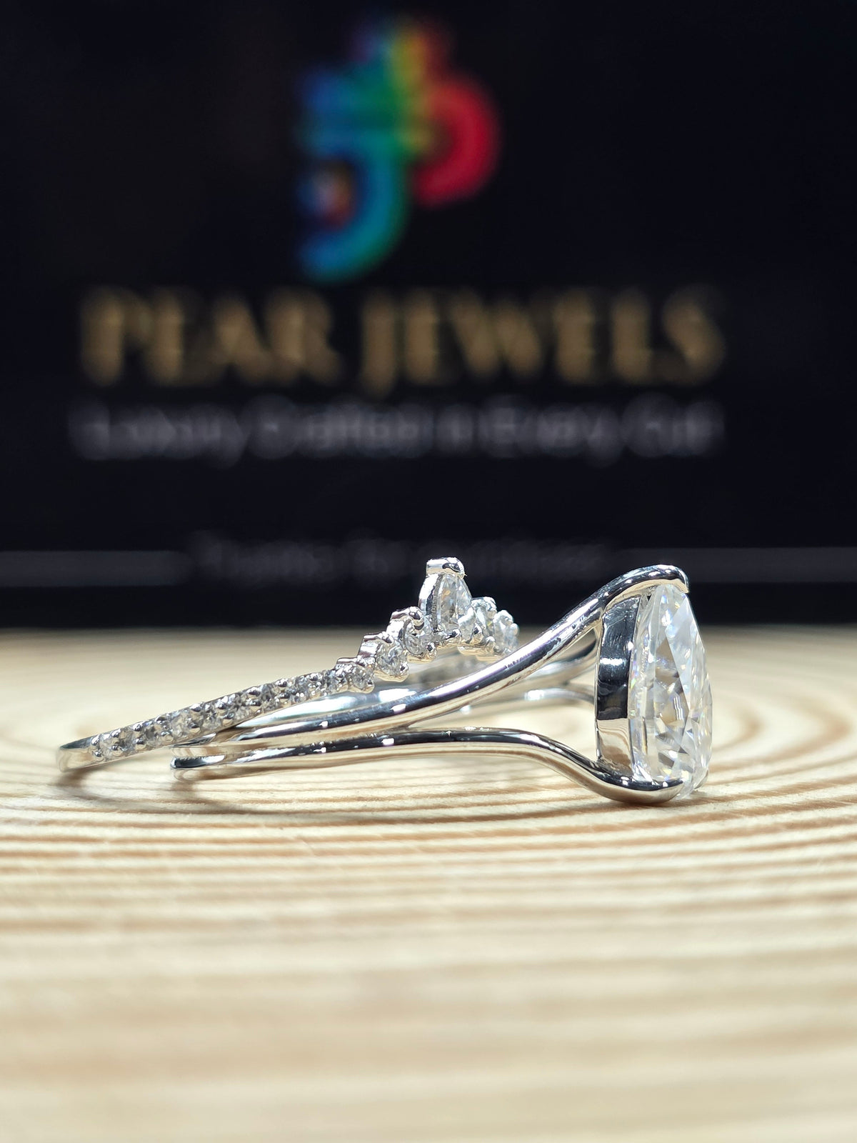 Elegant Pear Moissanite Engagement Ring V Shape Crown Band Stackable Bridal Set