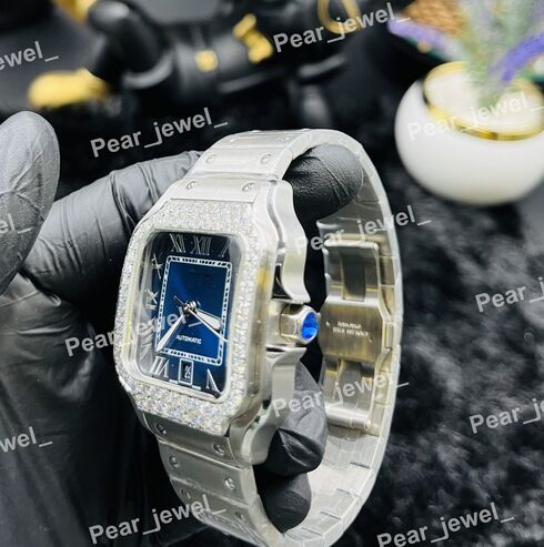 Iced Out Automatic Blue Dial Watch Moissanite Diamond Bezel Luxury Square Case