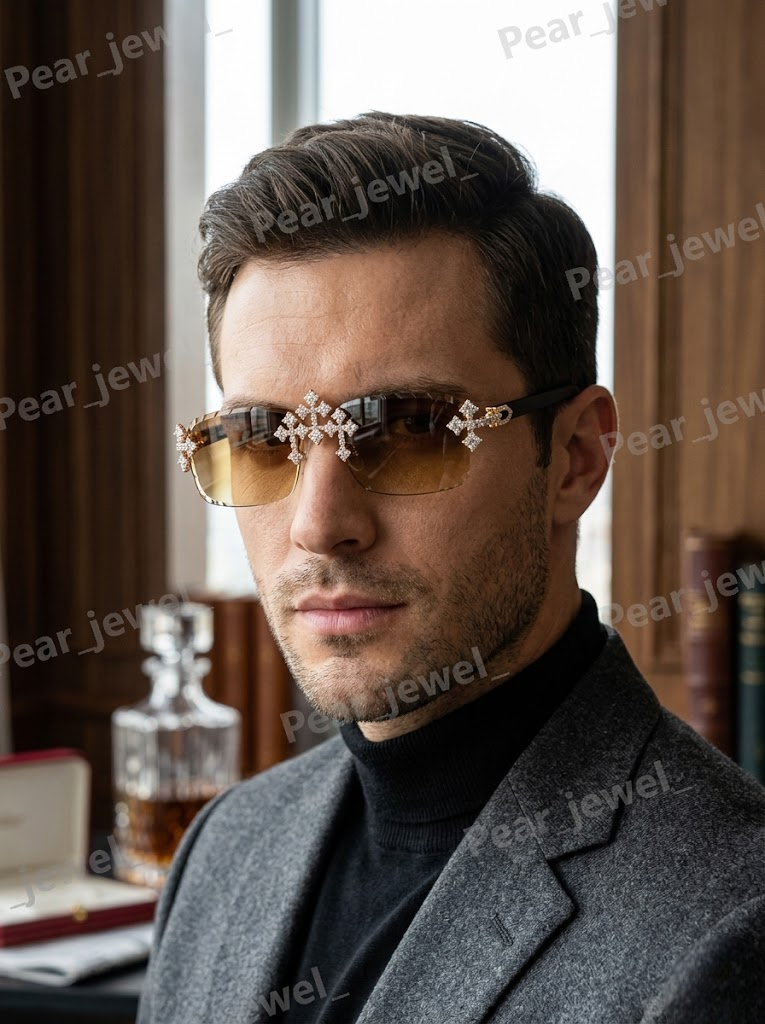 Silver Iced Out Cross Sunglasses VVS Moissanite Diamond Desginer Glasses