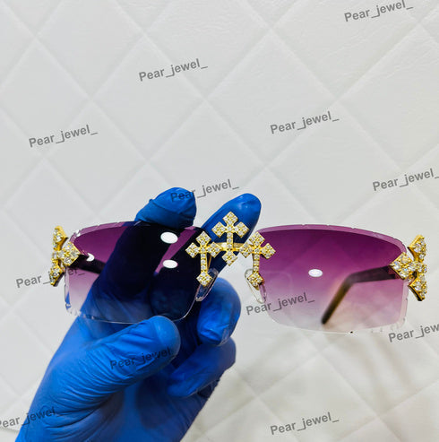 Iced Out VVS Moissanite Diamond Purple Rimless Silver Luxury Sunglasses