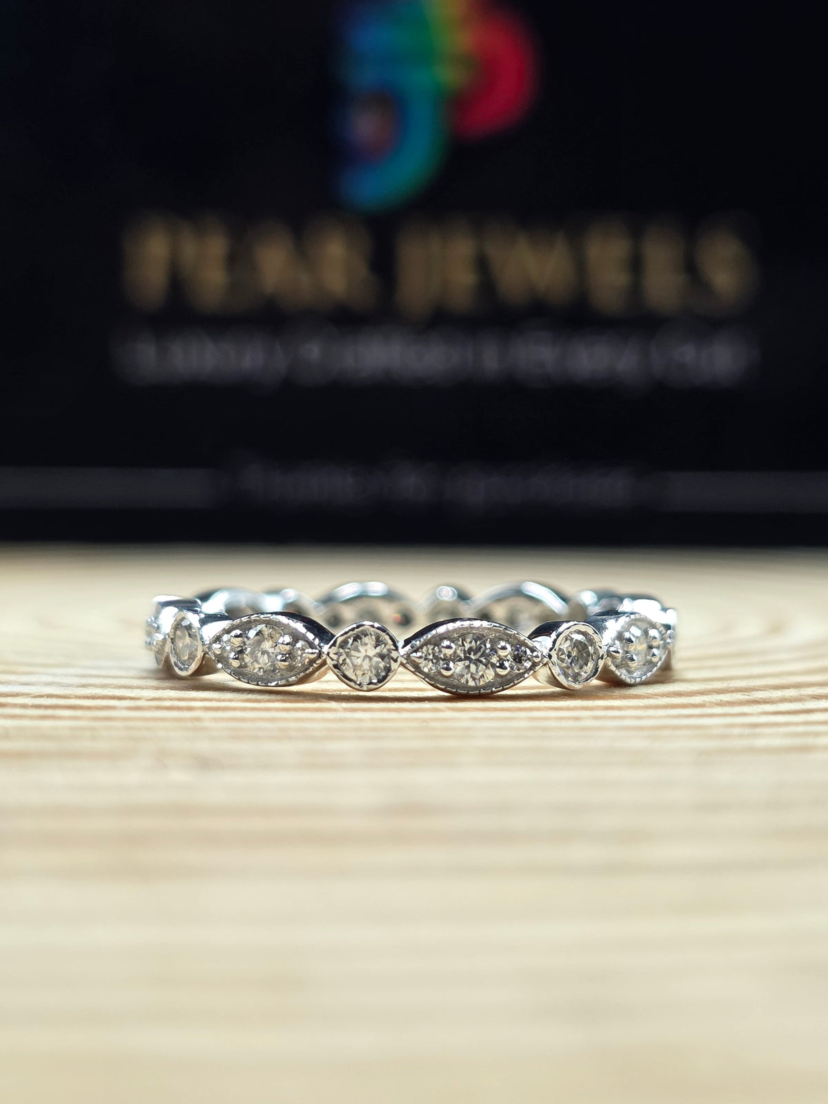 Full Eternity Moissanite Band Round Alternating Design Bridal Ring In Silver