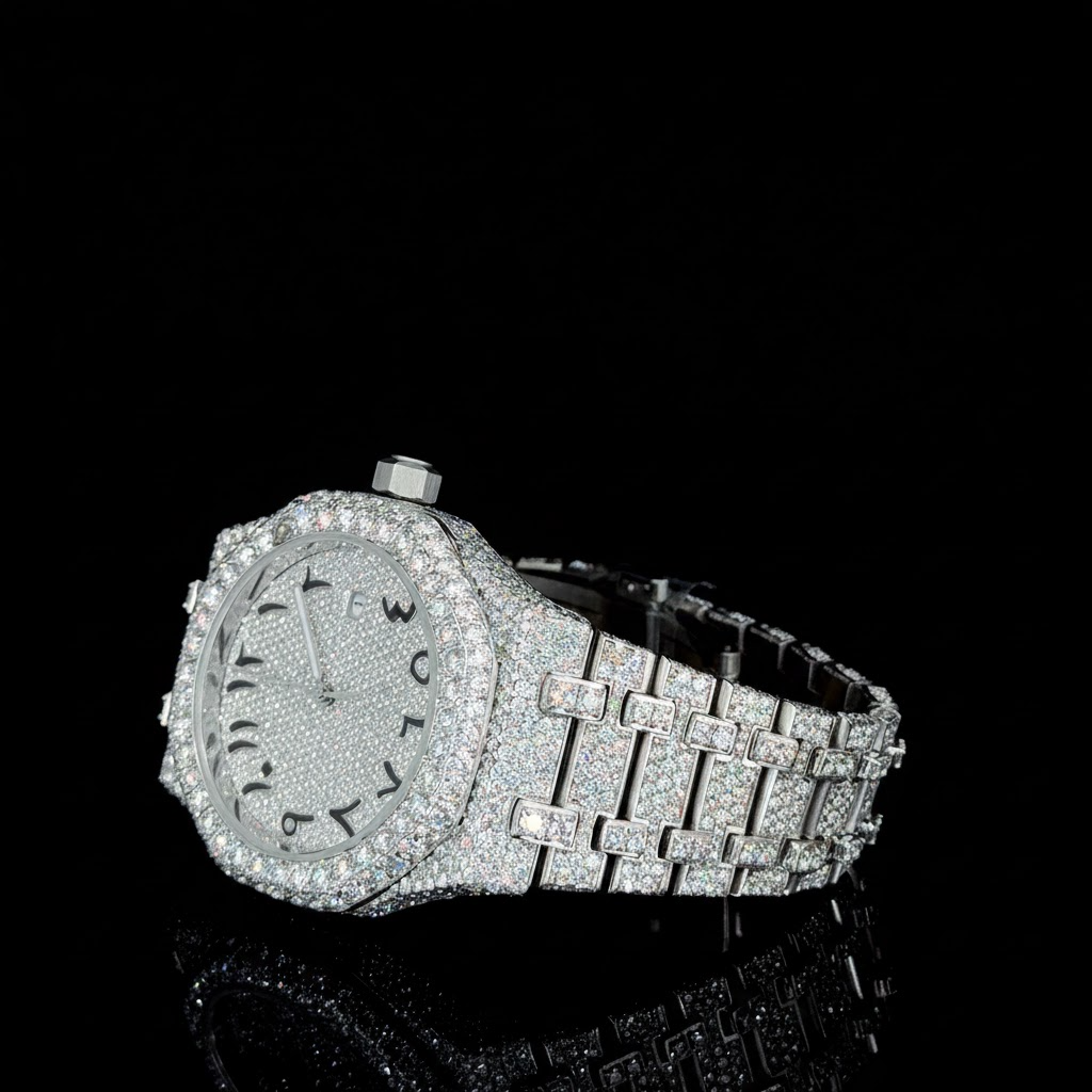 Iced Out Arabic Dial VVS Moissanite Diamond Watch In Stainless Steel