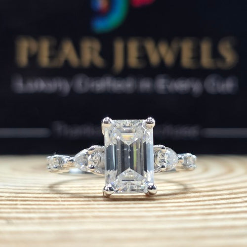 Emerald Cut Moissanite Ring Side Stones Engagement Wedding Silver Ring