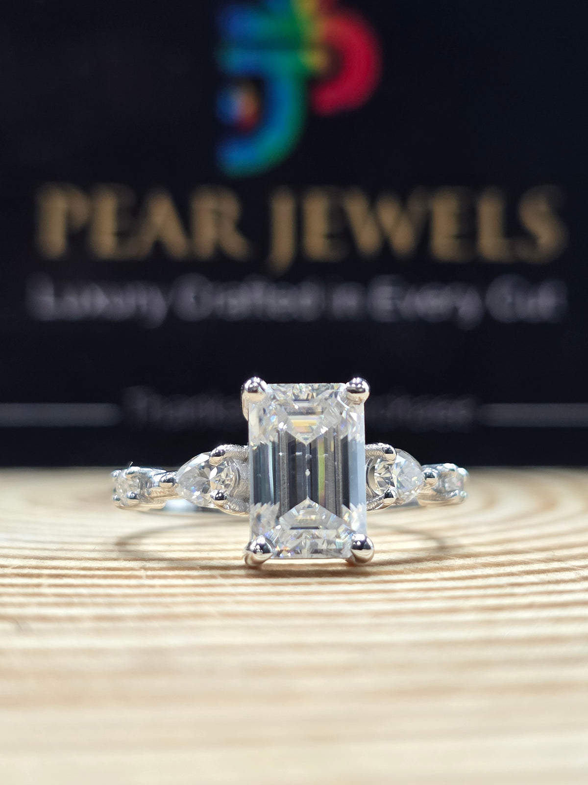 Emerald Cut Moissanite Ring Side Stones Engagement Wedding Silver Ring