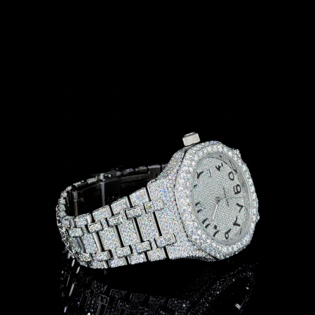 Iced Out Arabic Dial VVS Moissanite Diamond Watch In Stainless Steel