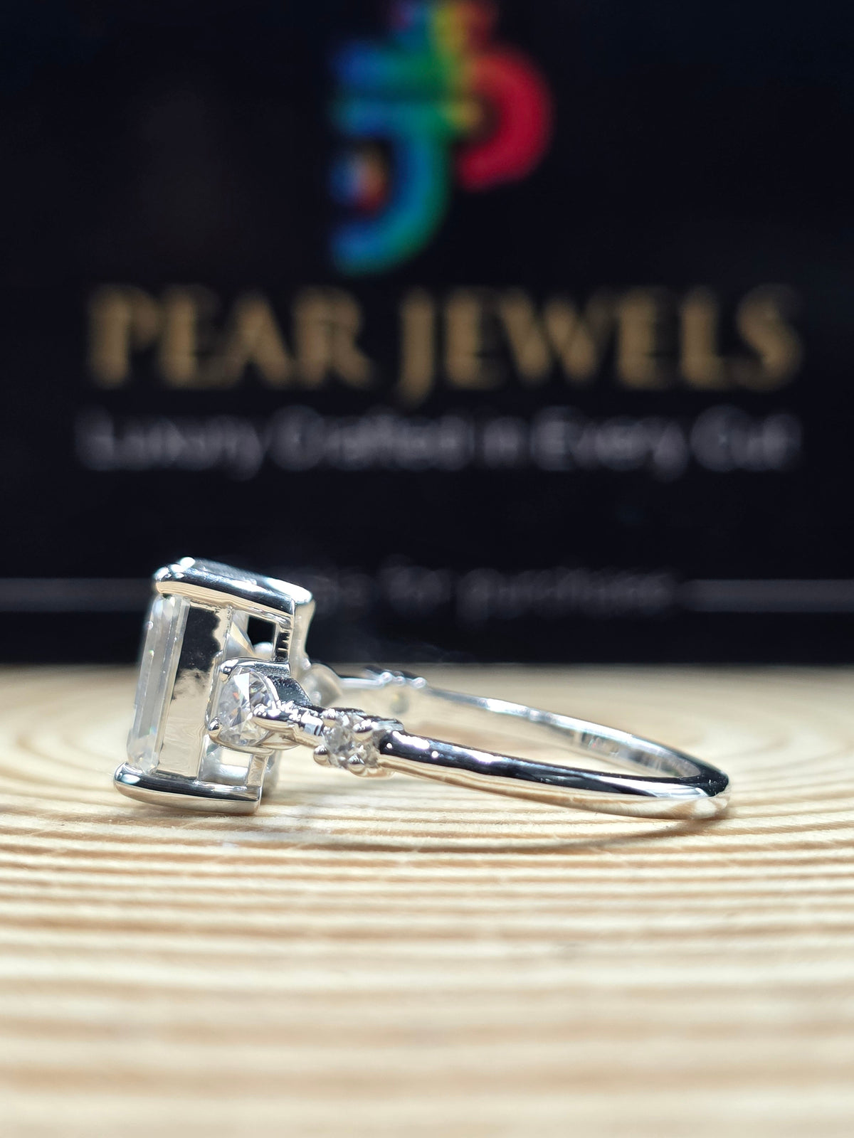 Emerald Cut Moissanite Ring Side Stones Engagement Wedding Silver Ring