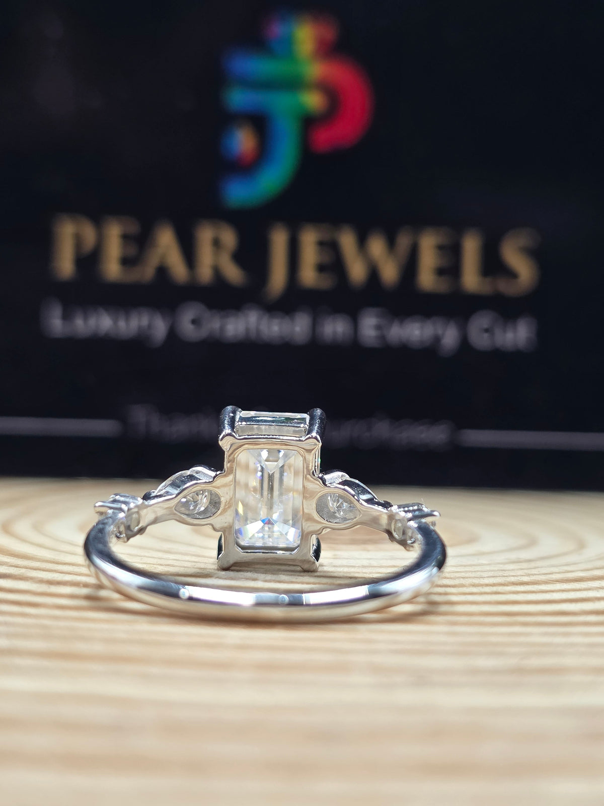 Emerald Cut Moissanite Ring Side Stones Engagement Wedding Silver Ring