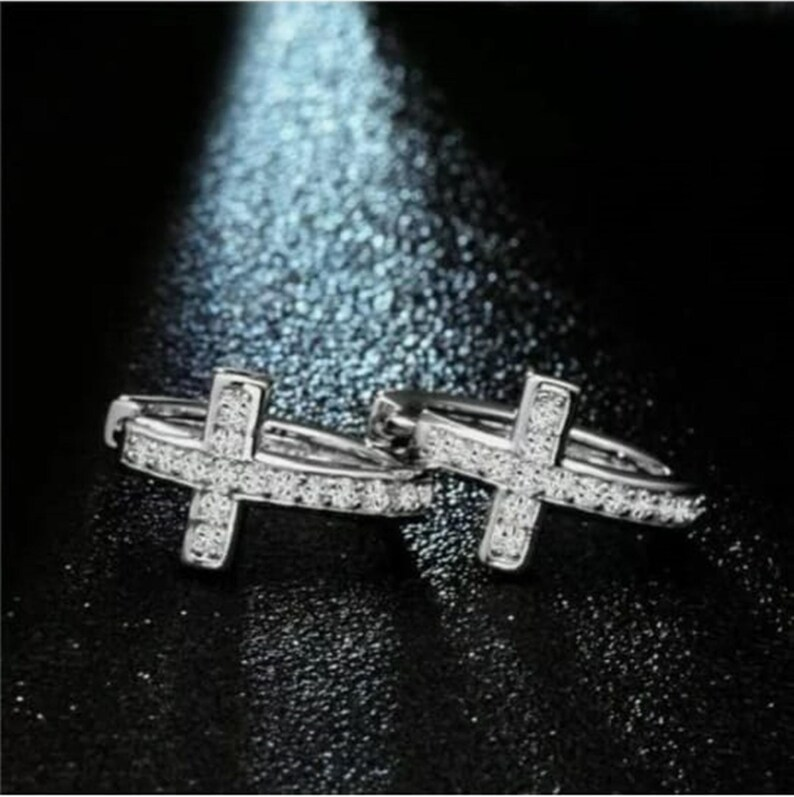 Cross Desgin Iced Out Hoop Earring Diamond Look Faith Jewelry Shine