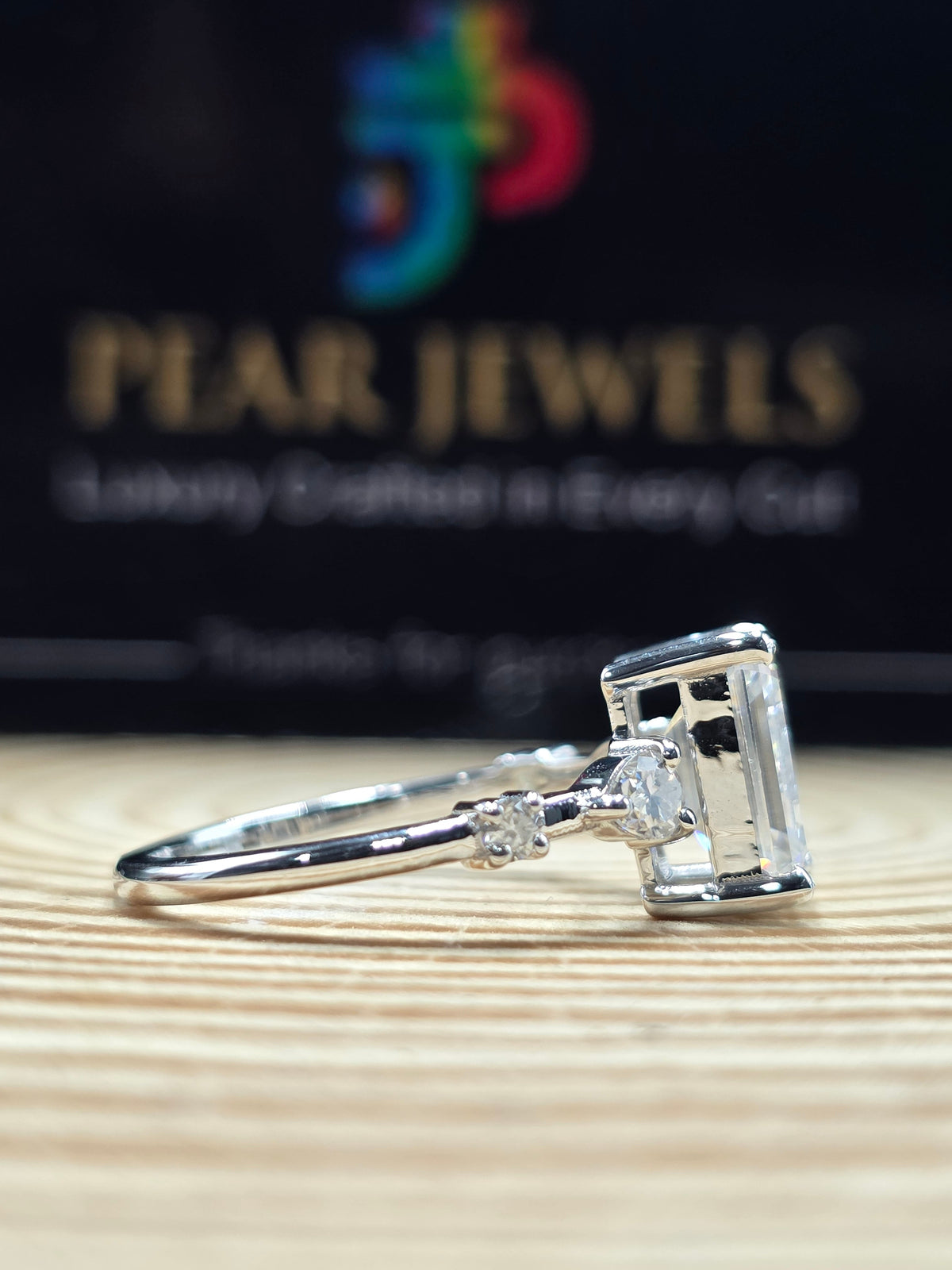 Emerald Cut Moissanite Ring Side Stones Engagement Wedding Silver Ring