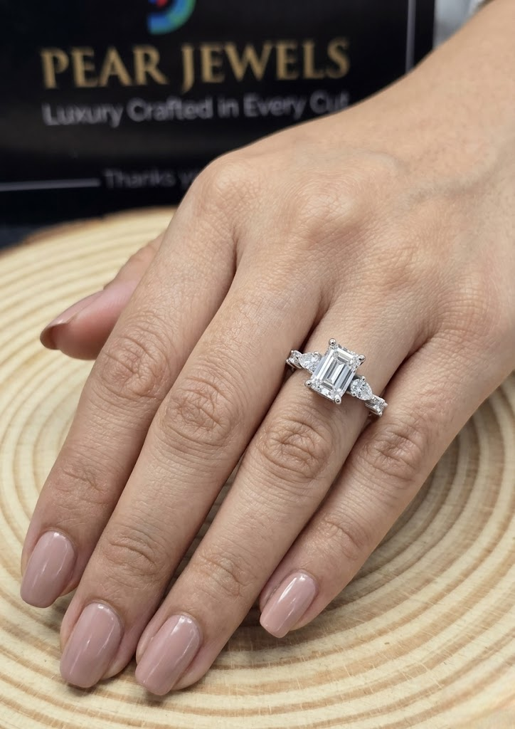 Emerald Cut Moissanite Ring Side Stones Engagement Wedding Silver Ring