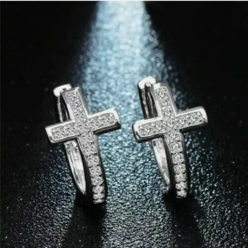 Cross Desgin Iced Out Hoop Earring Diamond Look Faith Jewelry Shine
