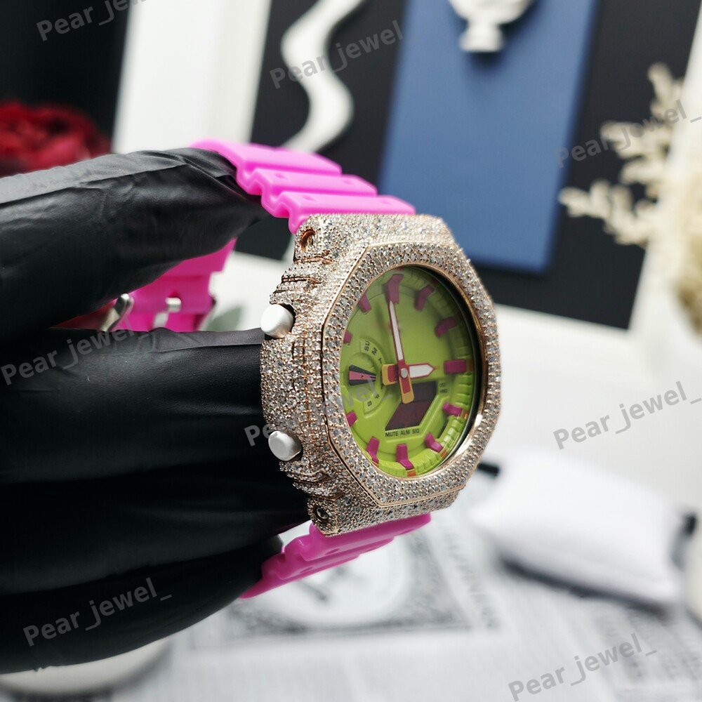 Round Cut VVS Moissanite Pink Rubber Band Unisex Wear Bust Down Watch