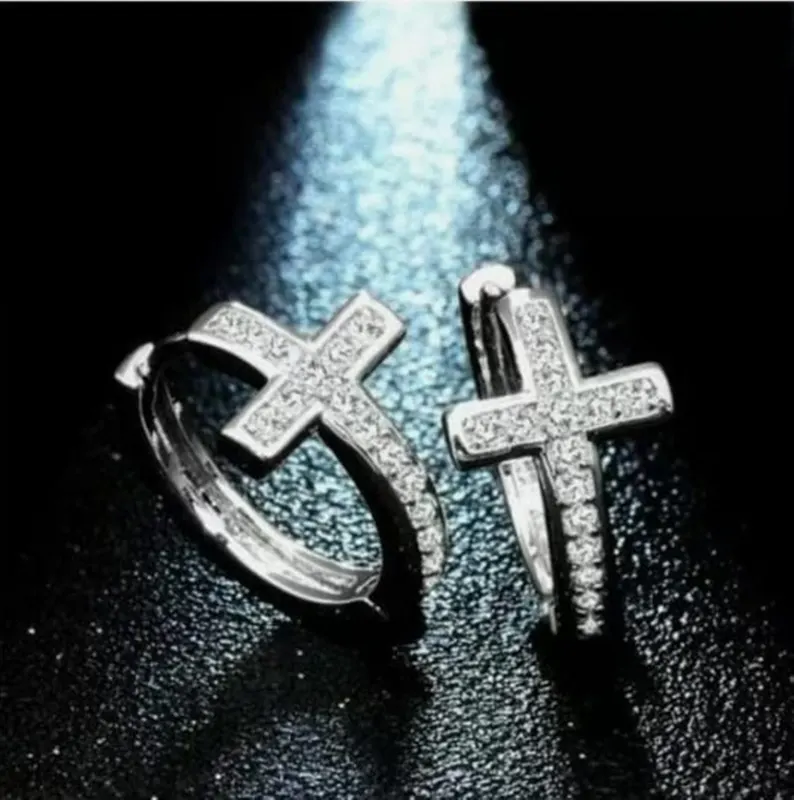 Cross Desgin Iced Out Hoop Earring Diamond Look Faith Jewelry Shine