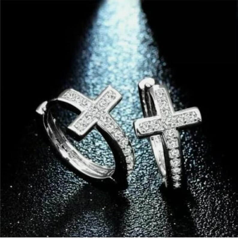 Cross Desgin Iced Out Hoop Earring Diamond Look Faith Jewelry Shine