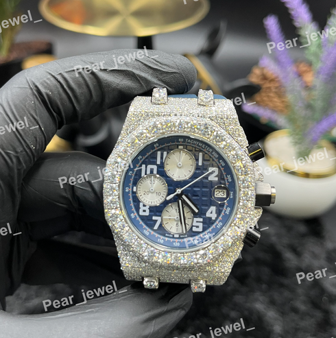 Iced Out Stainless Steel Choronogrph With Blue Dial Bezel VVS Moissanite Watch