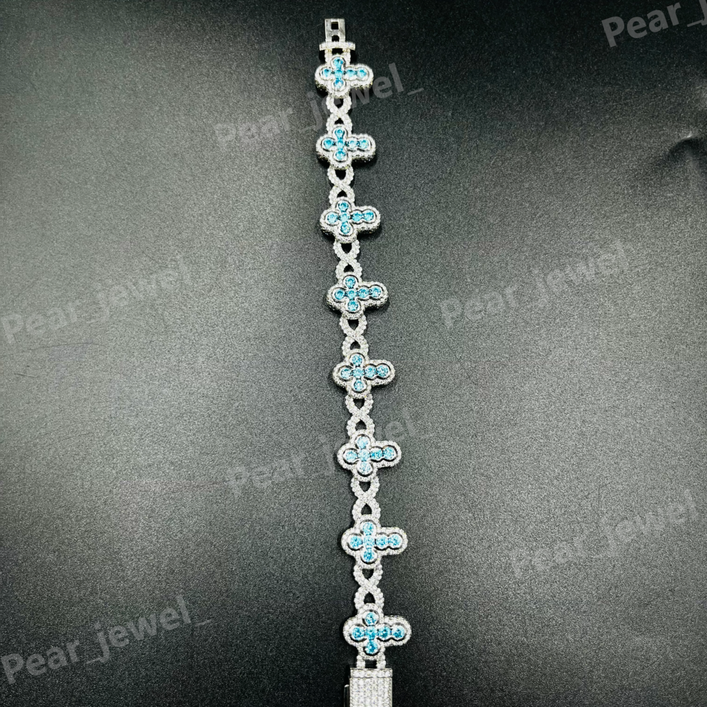 Iced Out Silver Cross Link Blue Moissanit Diamond Bracelet
