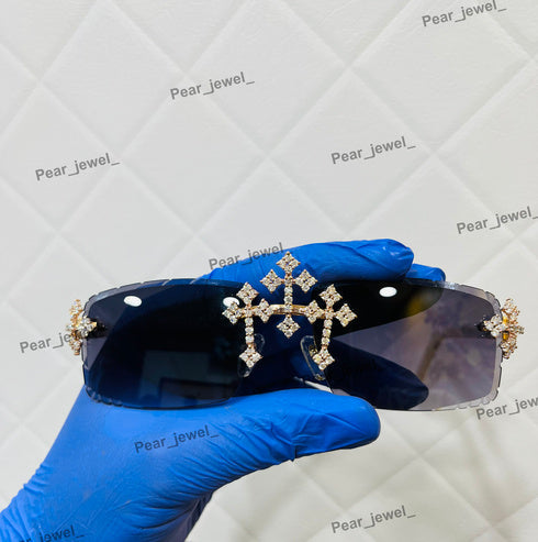 Iced Out Moissanite Daimond Cross Rimless HipHop Sunglasses For Unisex