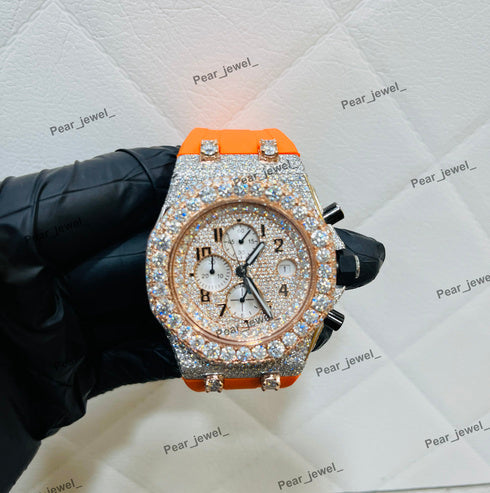 Iced Out VVS Moissanite Diamond Chronograph Hip Hop Watch Orange Strap