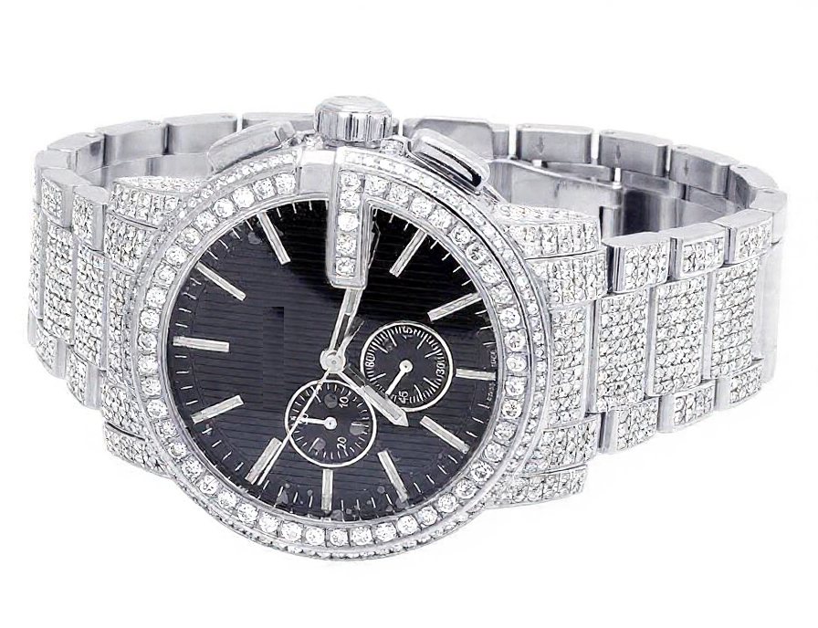 Stainless Steel Iced Out VVS Moissanite Diamond Black Dial Wrist Watch