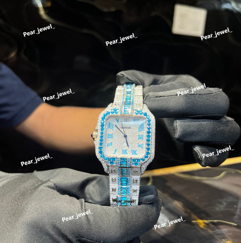 Iced Out Blue Color Stone Square Moissanite Diamond Roman Dial