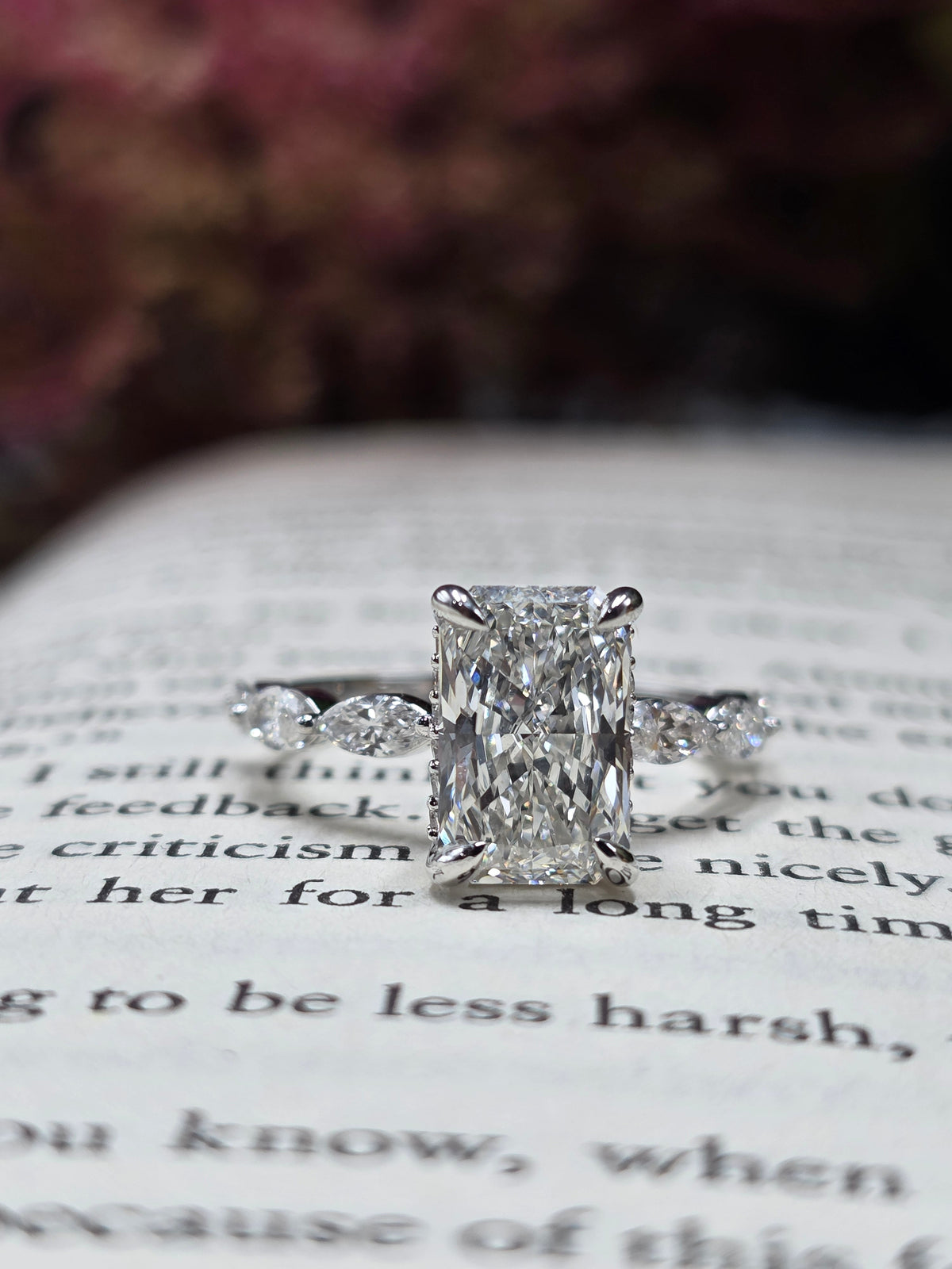 925 Sterling Silver Radiant Cut Moissanite Marquise Side Stone Stones Engagement Bridal Ring