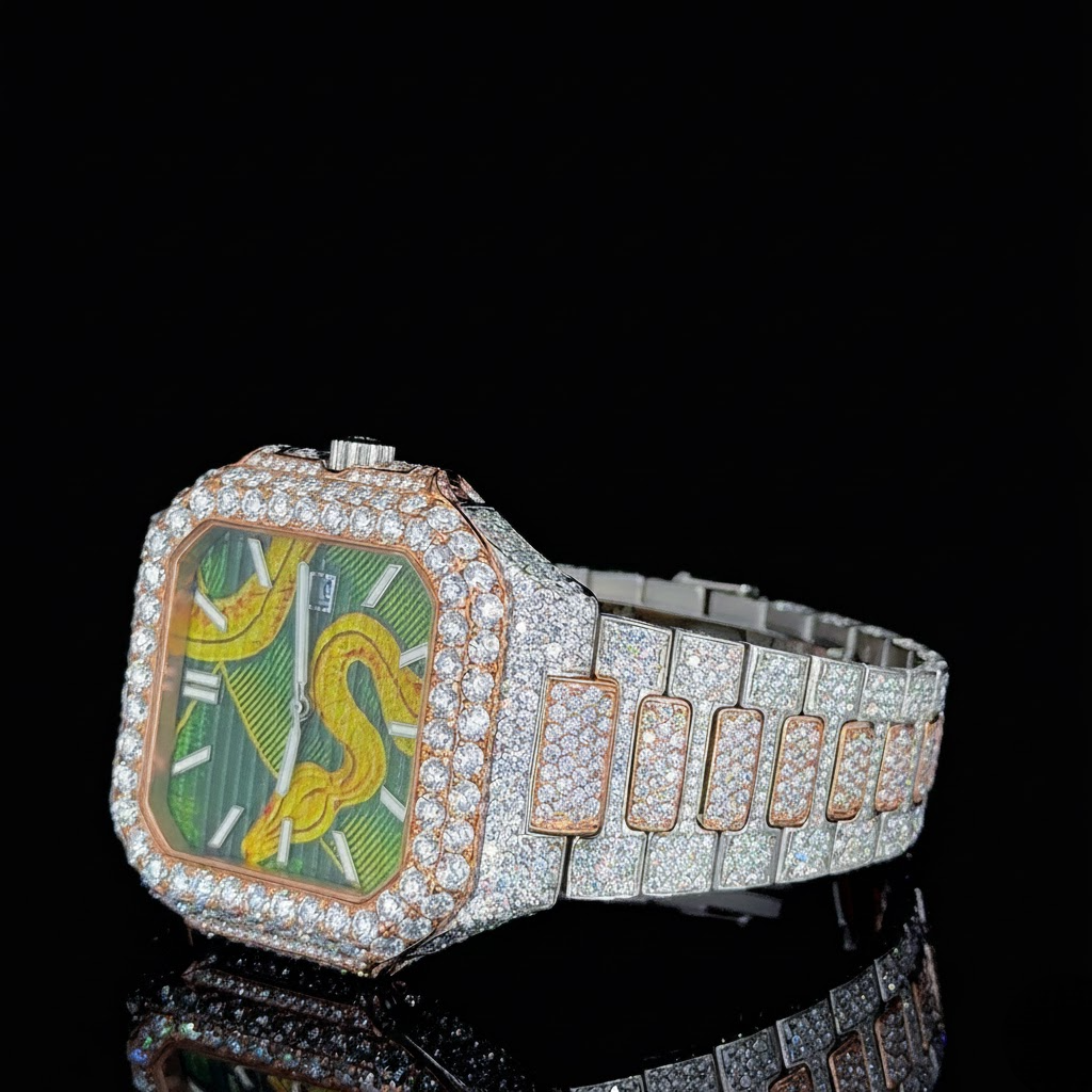 Bust Down Iced Out Snake Dial Moissanite Diamond Stainless Steel Watch