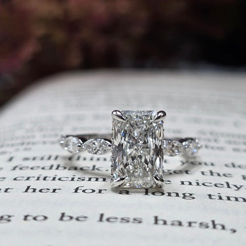925 Sterling Silver Radiant Cut Moissanite Marquise Side Stone Stones Engagement Bridal Ring