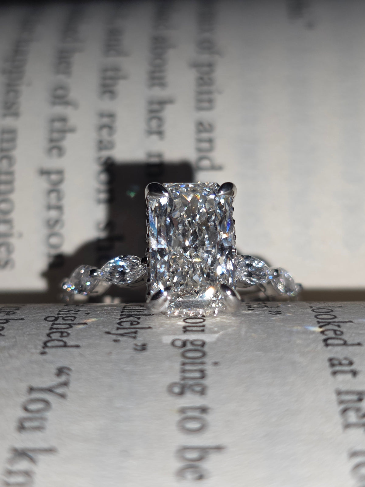 925 Sterling Silver Radiant Cut Moissanite Marquise Side Stone Stones Engagement Bridal Ring