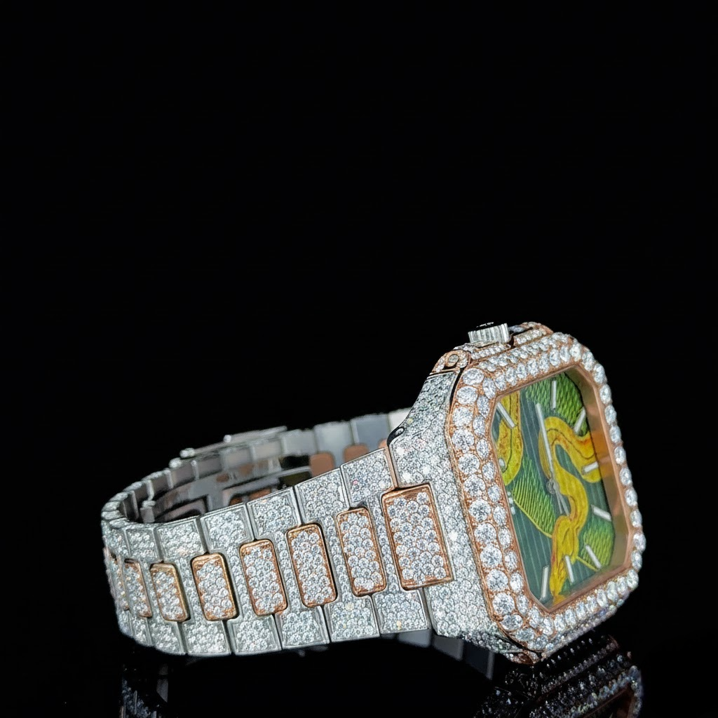 Bust Down Iced Out Snake Dial Moissanite Diamond Stainless Steel Watch