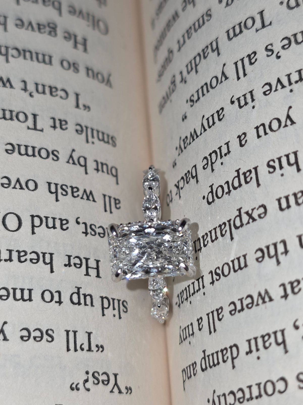 925 Sterling Silver Radiant Cut Moissanite Marquise Side Stone Stones Engagement Bridal Ring