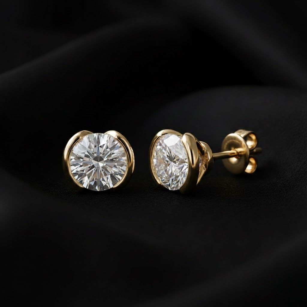 Round Cut Solitaire Stud Earrings Gold Tone Diamond Look Classsic Shine