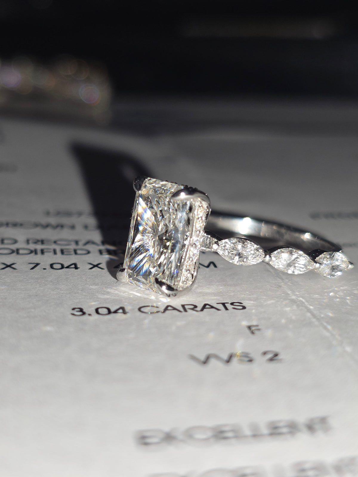 925 Sterling Silver Radiant Cut Moissanite Marquise Side Stone Stones Engagement Bridal Ring