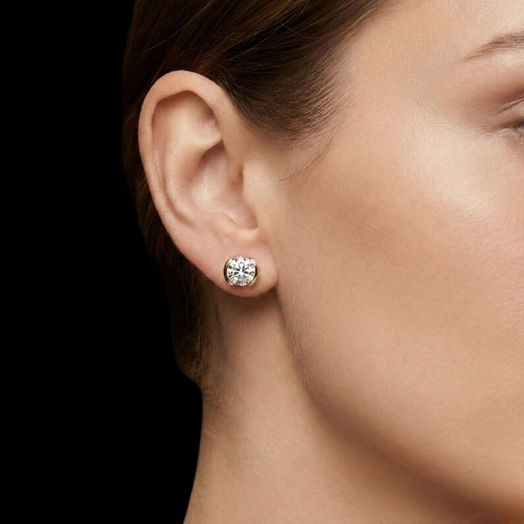 Round Cut Solitaire Stud Earrings Gold Tone Diamond Look Classsic Shine