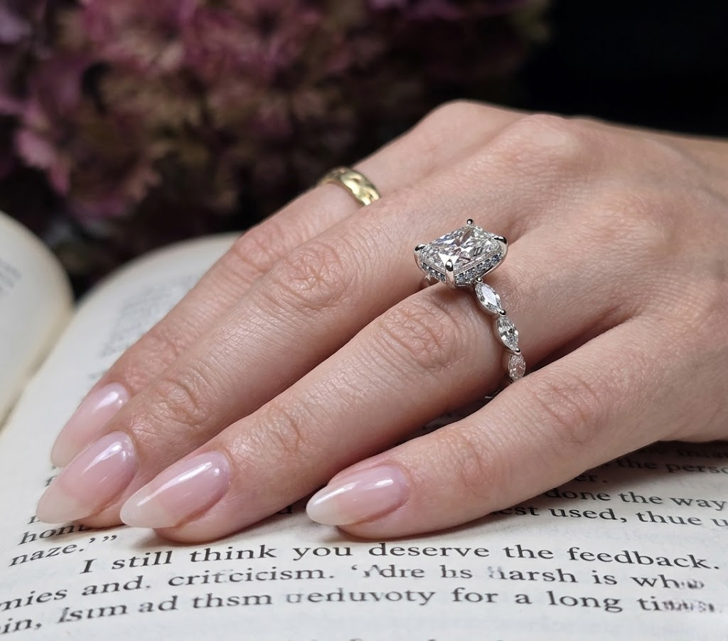925 Sterling Silver Radiant Cut Moissanite Marquise Side Stone Stones Engagement Bridal Ring
