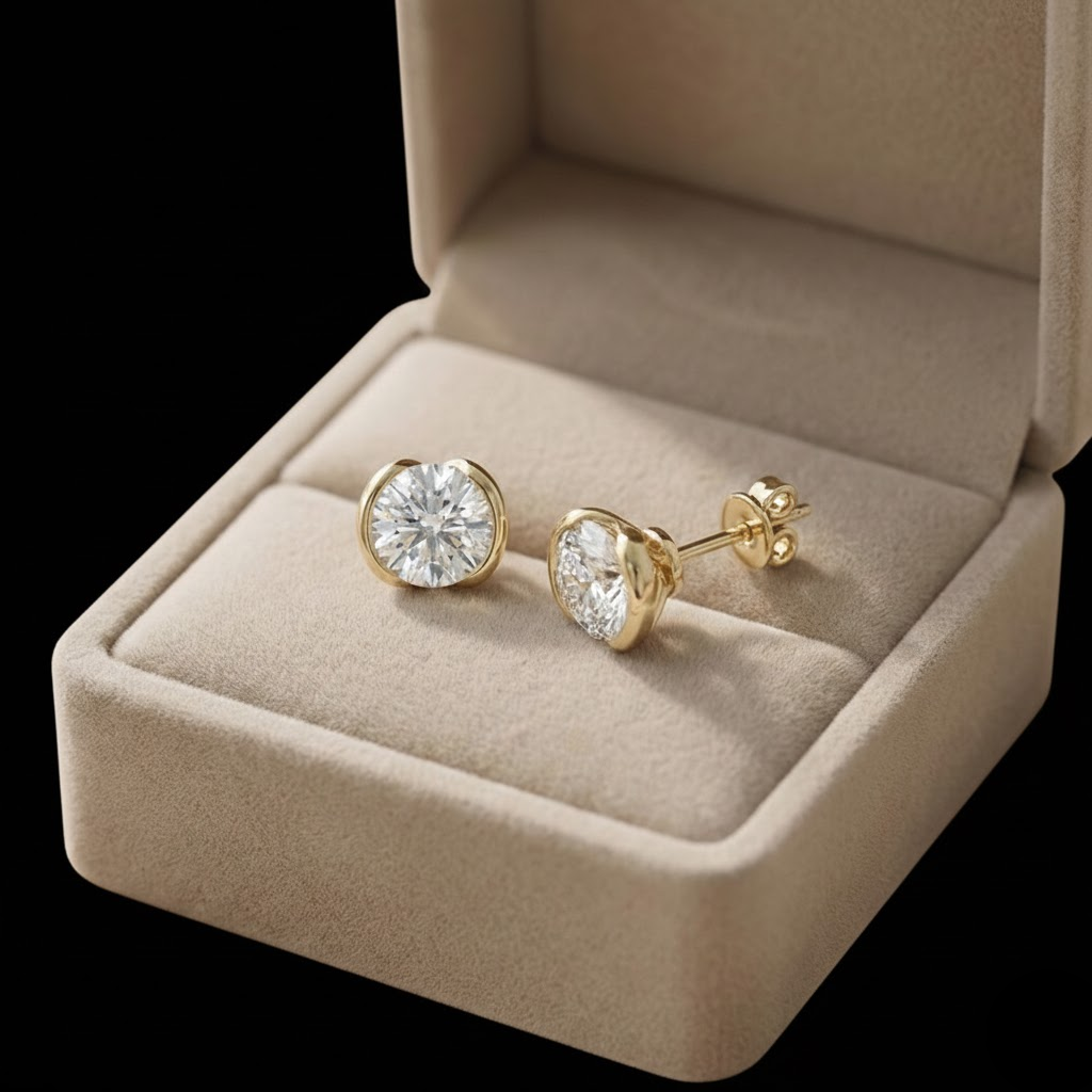 Round Cut Solitaire Stud Earrings Gold Tone Diamond Look Classsic Shine