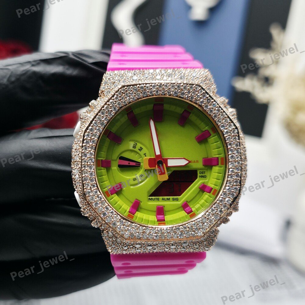 Round Cut VVS Moissanite Pink Rubber Band Unisex Wear Bust Down Watch