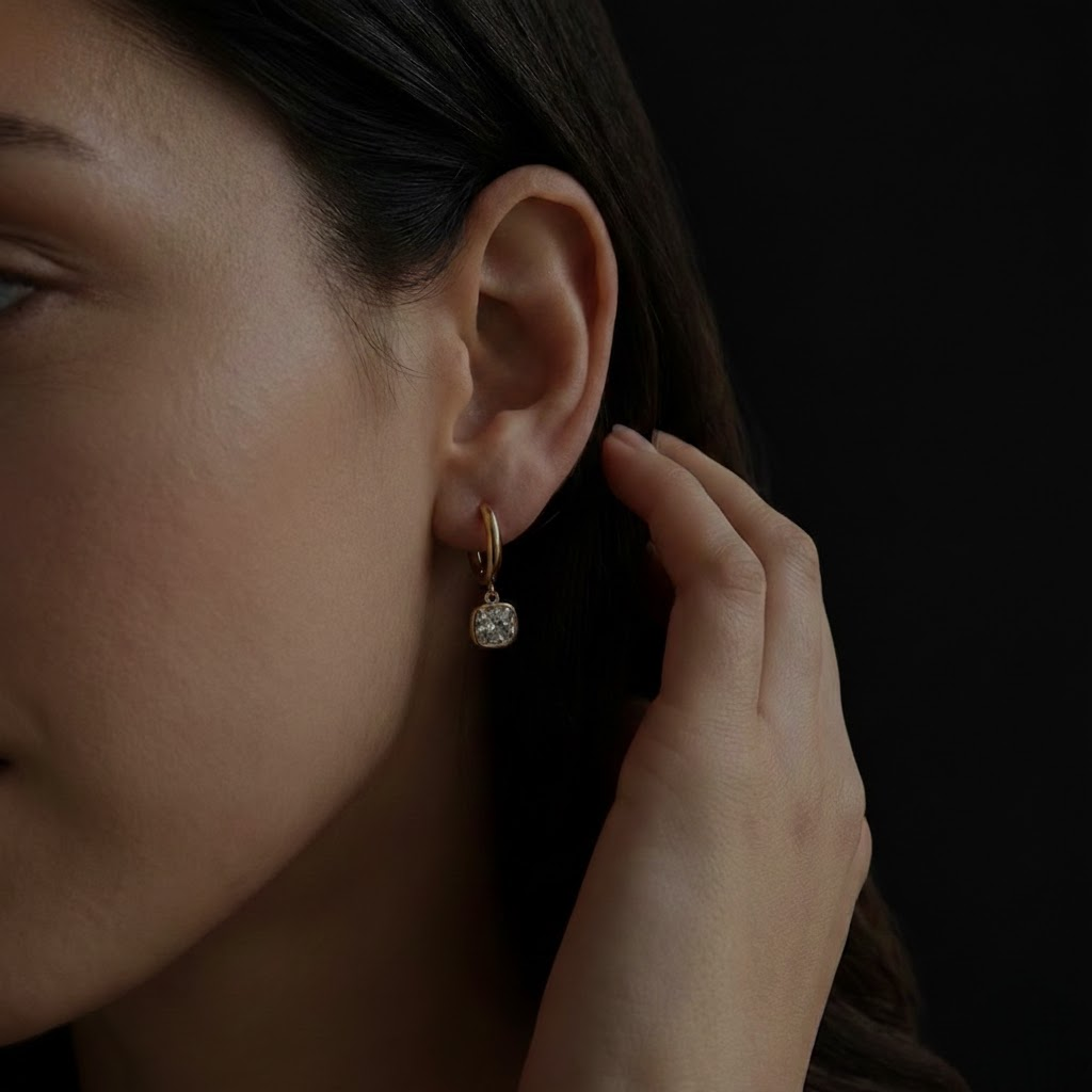 Cushion Cut Drop Hoop Earrings Gold Tone Diamond Look Elegant Shine