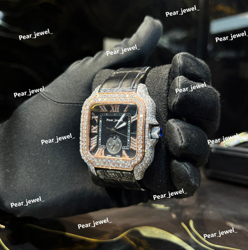 Iced Out Square Black Dial Watch Moissanite Diamond Leather Strap