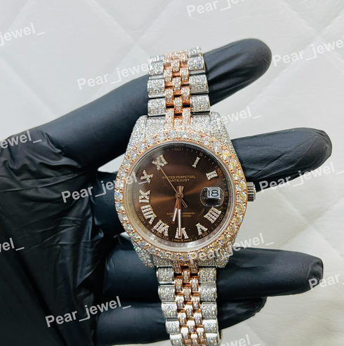 Iced Out Stainless Steel Moissanite Diamond Watch With Brown Dial