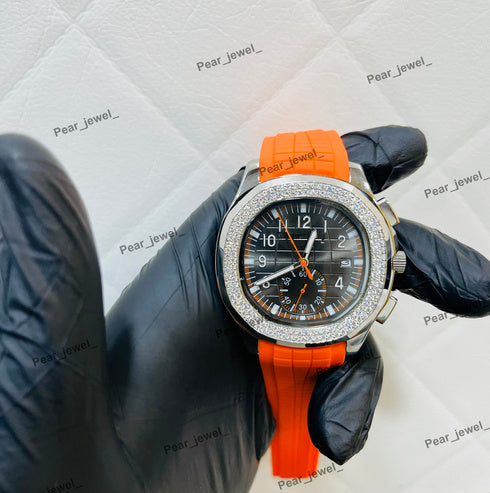 Iced Out Moissanite Daimond Bezel Sport Watch Orange Strap Steel